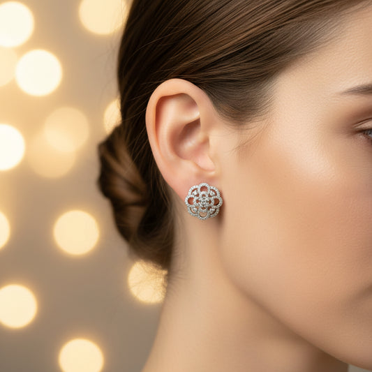 Anokhi Ada Silver Stone Studded AD Stud Earrings for Girls & Women | American Diamond Party Wear Earrings | Elegant Daily Wear Jewelry