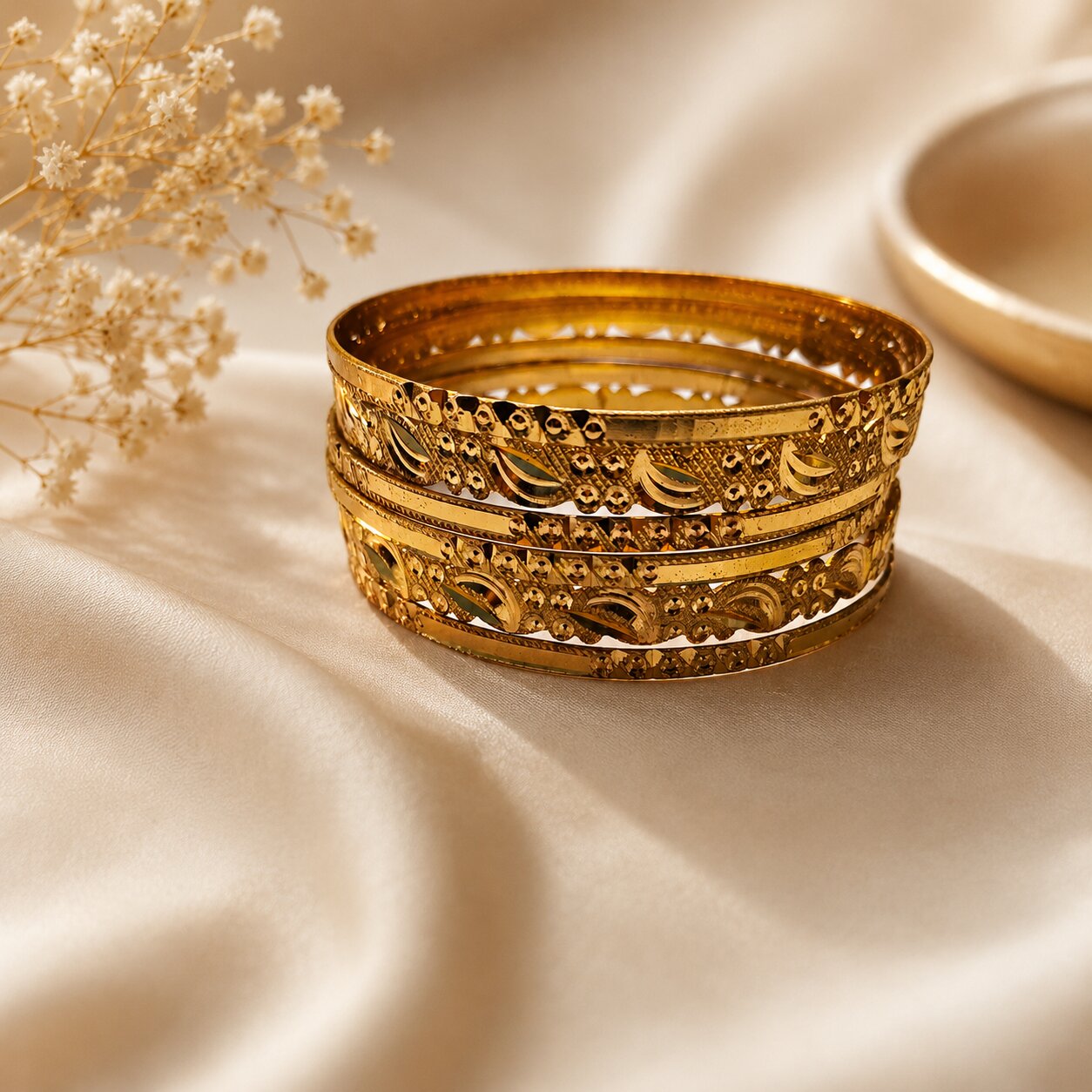 Golden Metal Bangles with Embedded Design Set of 6 (4 Thin + 2 Thick) – Traditional Wear | Size 2.6 (002)