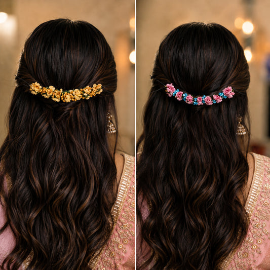 Fancy Paper Flower Gajra for Hair Bun for Women & Girls | Reusable South Indian Wedding Hair Accessory with Beads | Easy Grip | Pack of 2 Assorted Colors