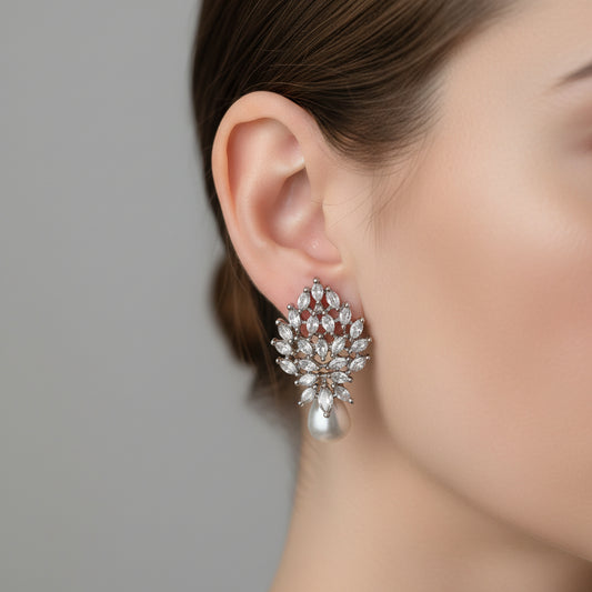 Anokhi Ada Silver Stone and Pearl Drop AD Stud Earrings for Girls & Women | American Diamond Party Wear Earrings | Elegant Daily Wear Jewelry