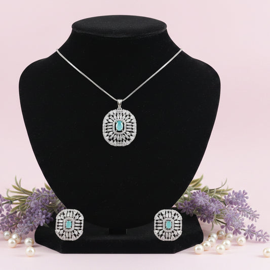 Mint Green Stone AD Jewelry Set (Pendant with Earrings) | American Diamond Party Wear Set (AV003)
