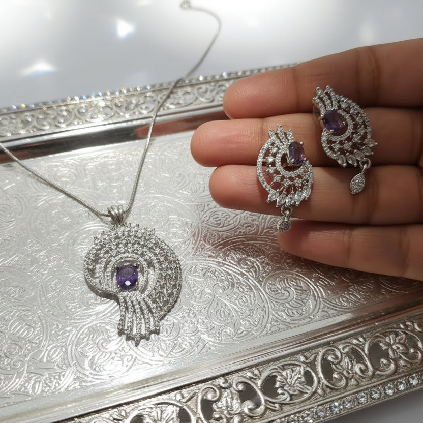 Lavender Stone AD Jewelry Set (Pendant with Earrings) | American Diamond Party Wear Set (AS002)
