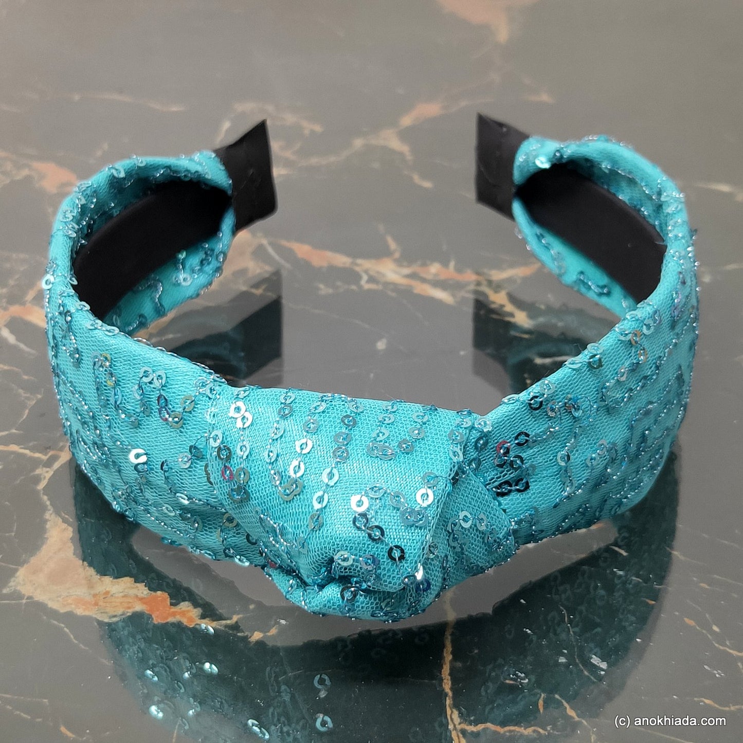 Anokhi Ada Handmade Blue Net Fabric Shiny and Glittery Knot Hairband/Headband for Girls and Women -14-26H