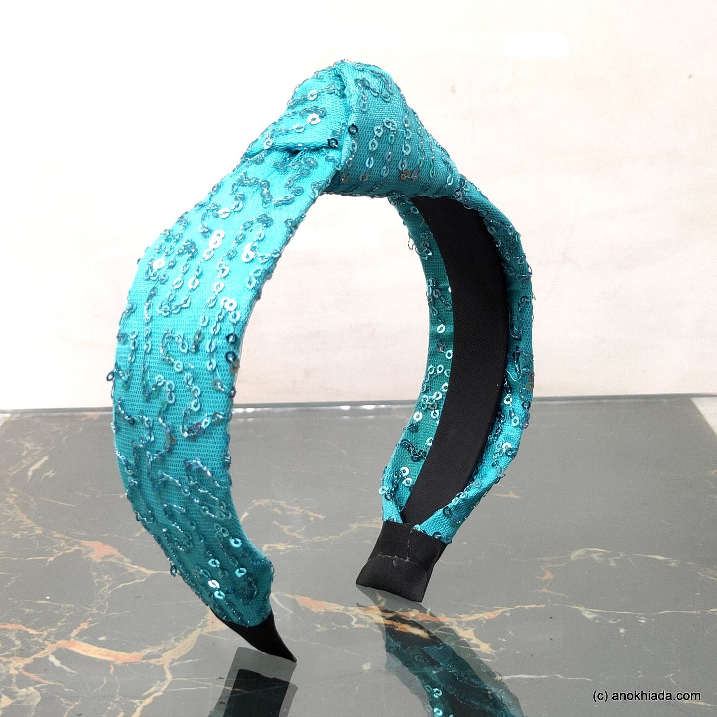 Anokhi Ada Handmade Blue Net Fabric Shiny and Glittery Knot Hairband/Headband for Girls and Women -14-26H