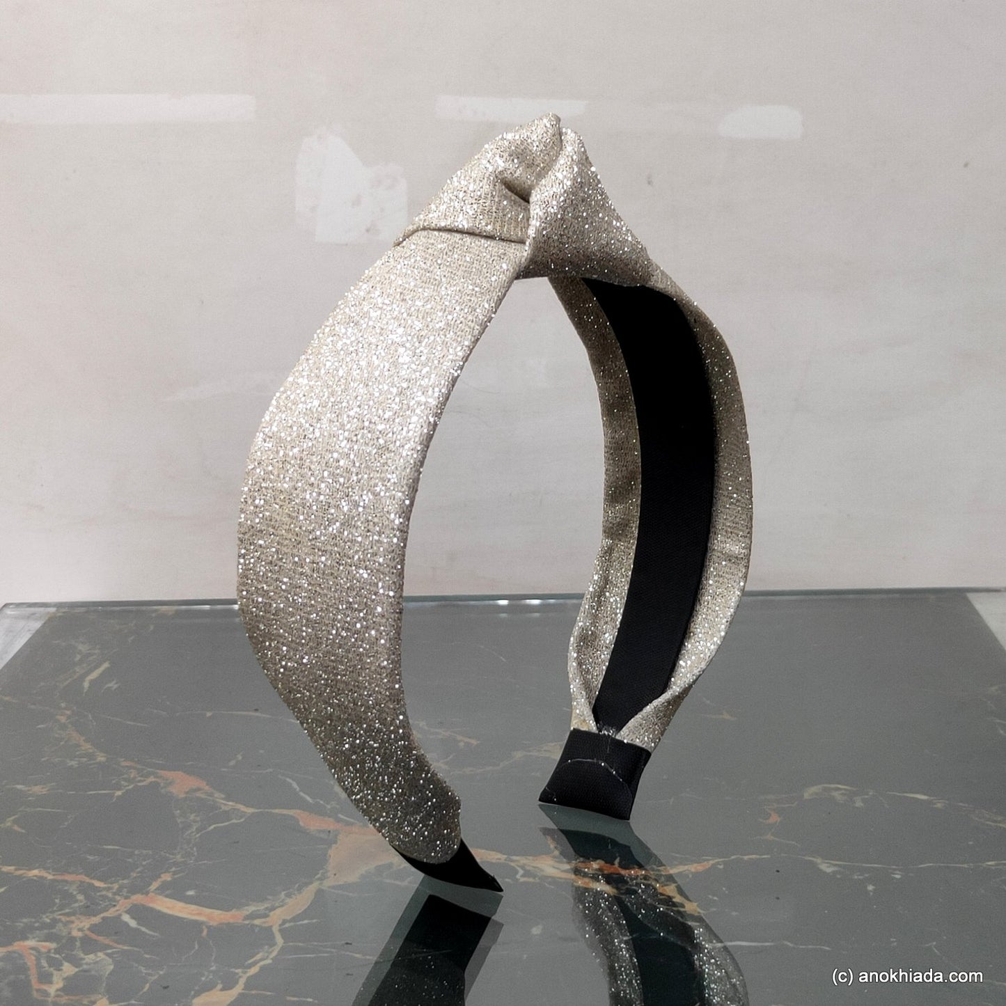 Anokhi Ada Handmade Silver Shiny and Glittery Fabric Knot Hairband/Headband for Girls and Women -14-28H