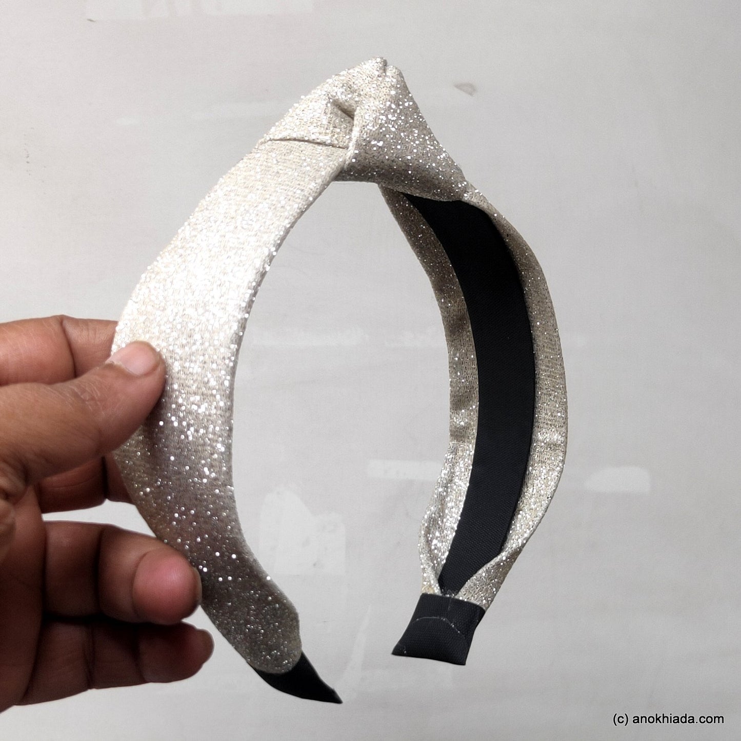 Anokhi Ada Handmade Silver Shiny and Glittery Fabric Knot Hairband/Headband for Girls and Women -14-28H