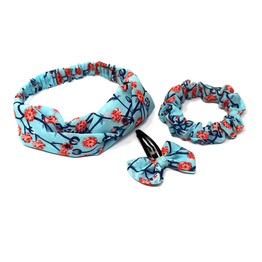 Floral Headband, Scrunchie, Bow Tik Tak Hair Clip Combo (30-07)