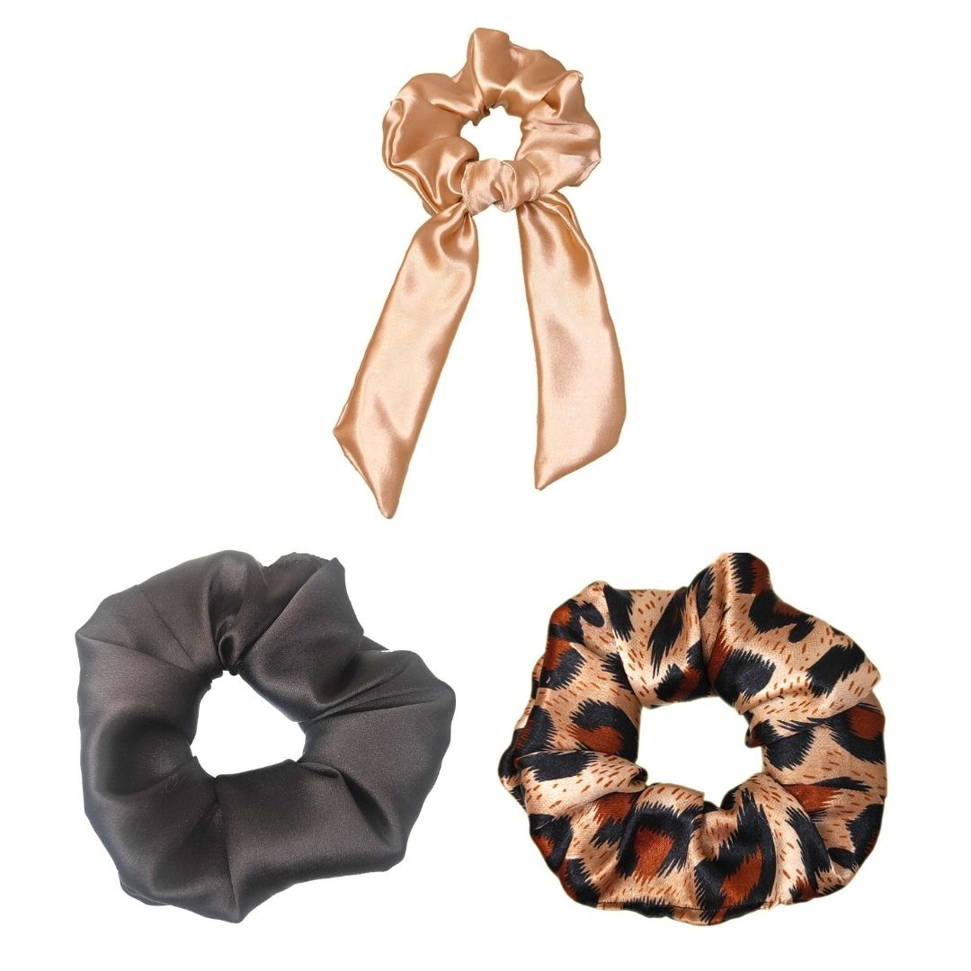 Satin Scrunchies Combo (Pack of 3, 1 tail Scrunchie, 1 Tiger Print and 1 Small Size Scrunchie)