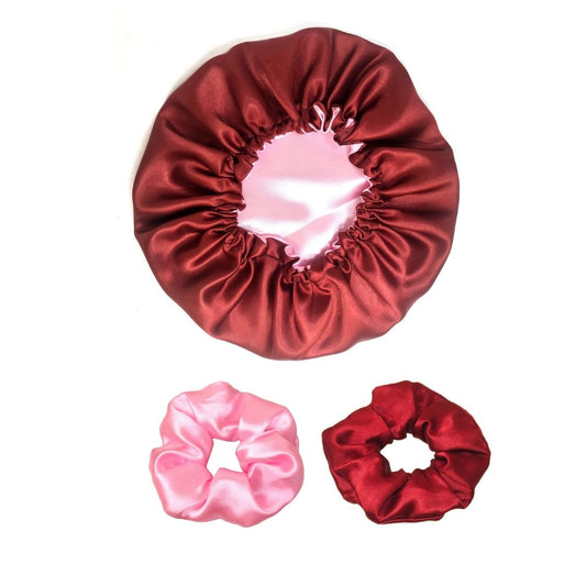 Satin Hair Care Combo (Pack of 3, 1 Bonnet and 2 Small Size Scrunchies)