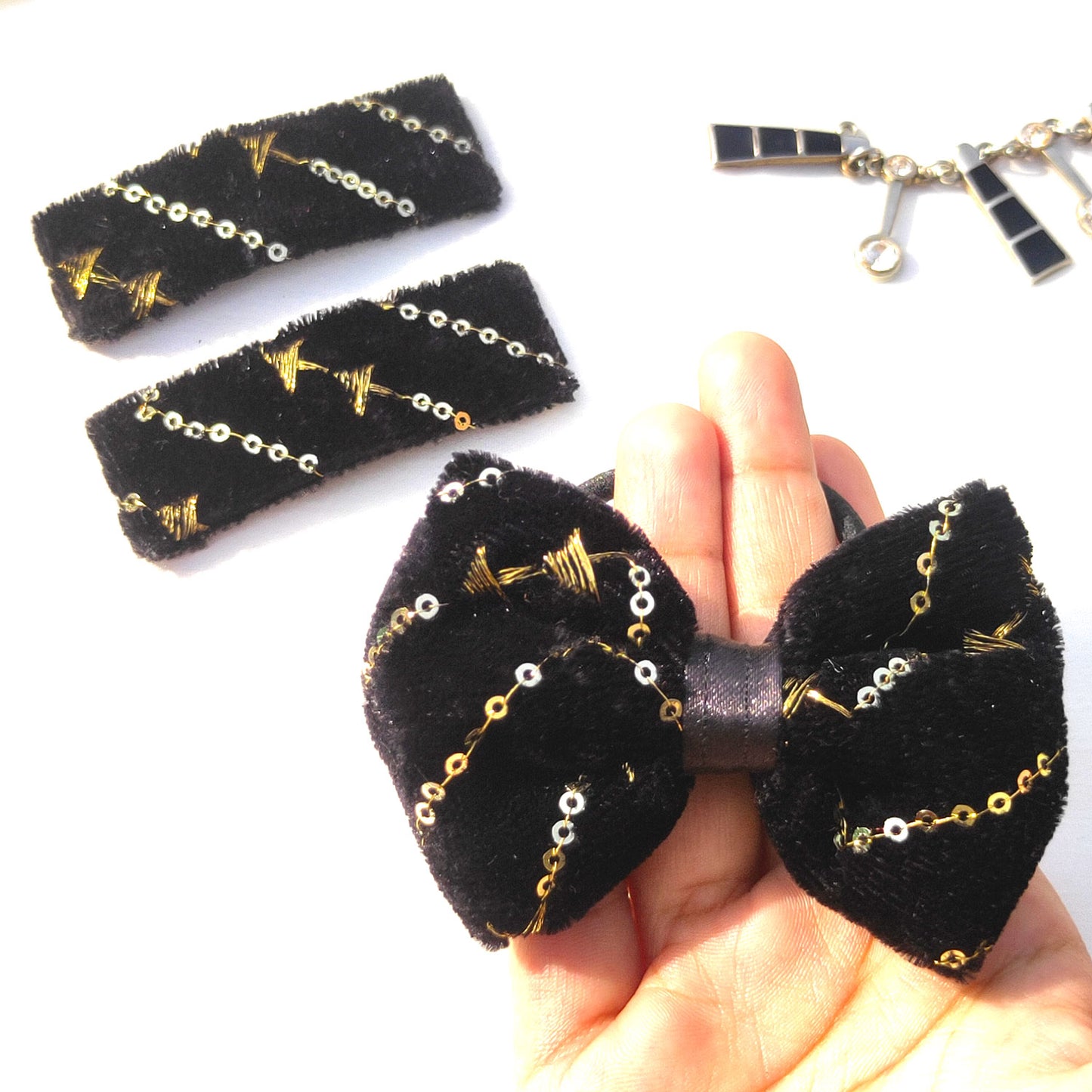 AnokhiAda Black Velvet Combo (Bow Hair Tie and Tic Tac Hair Clip, 35-12)