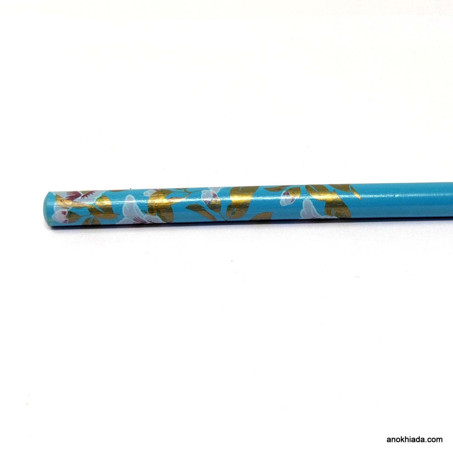 Anokhi Ada Flower Print Turquoise Wooden Juda Stick/Bun Stick - (99-18C Juda Stick)