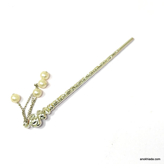 Anokhi Ada Silver Plastic Juda Stick/Bun Stick with Pearl Beads - (99-25B Juda Stick)