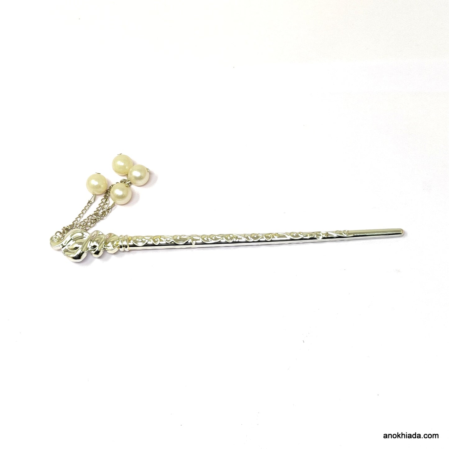Anokhi Ada Silver Plastic Juda Stick/Bun Stick with Pearl Beads - (99-25B Juda Stick)