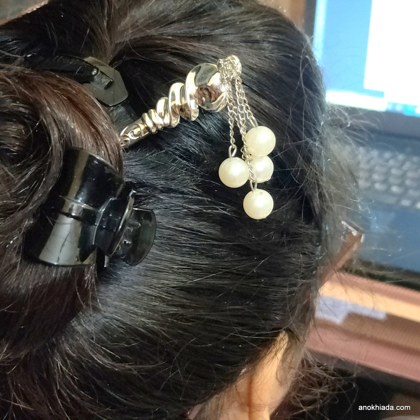 Anokhi Ada Silver Plastic Juda Stick/Bun Stick with Pearl Beads - (99-25B Juda Stick)