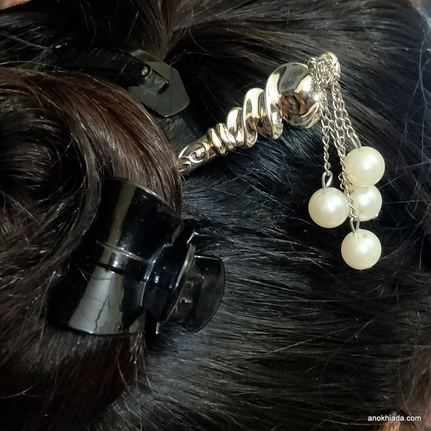 Anokhi Ada Silver Plastic Juda Stick/Bun Stick with Pearl Beads - (99-25B Juda Stick)