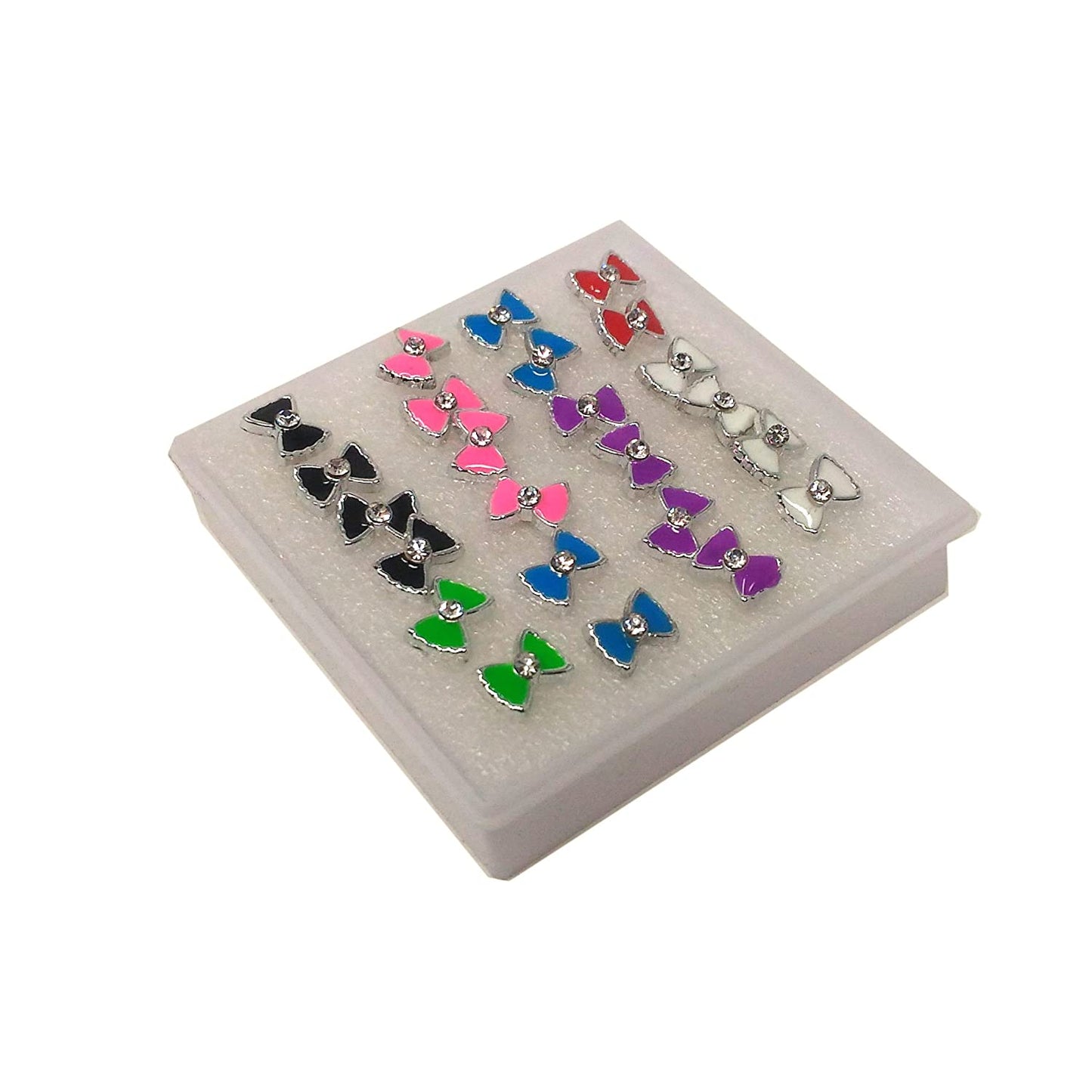 Anokhi ADA Multi-colour Rhinestone Studded Bow Plastic Stud Earrings for Girls and Women (Pack of 12 Pairs)-(AR-12)