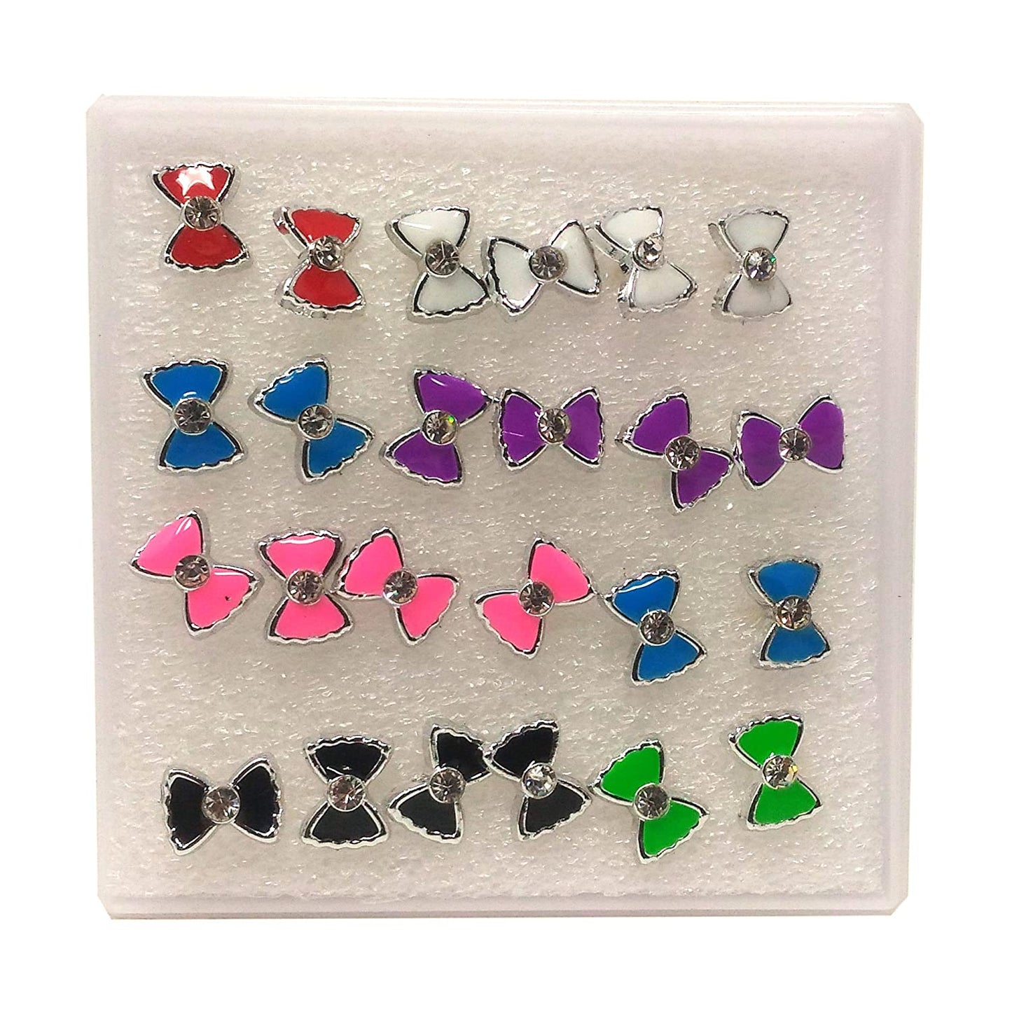 Anokhi ADA Multi-colour Rhinestone Studded Bow Plastic Stud Earrings for Girls and Women (Pack of 12 Pairs)-(AR-12)