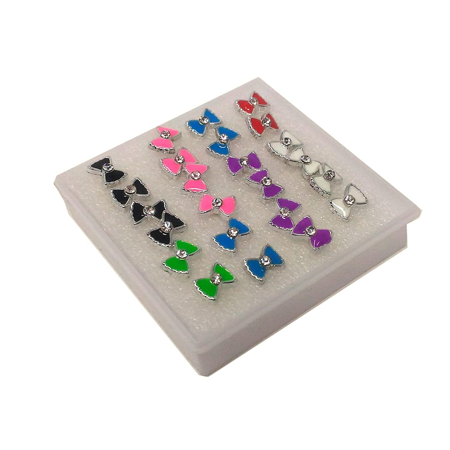 Anokhi ADA Multi-colour Rhinestone Studded Bow Plastic Stud Earrings for Girls and Women (Pack of 12 Pairs)-(AR-12)