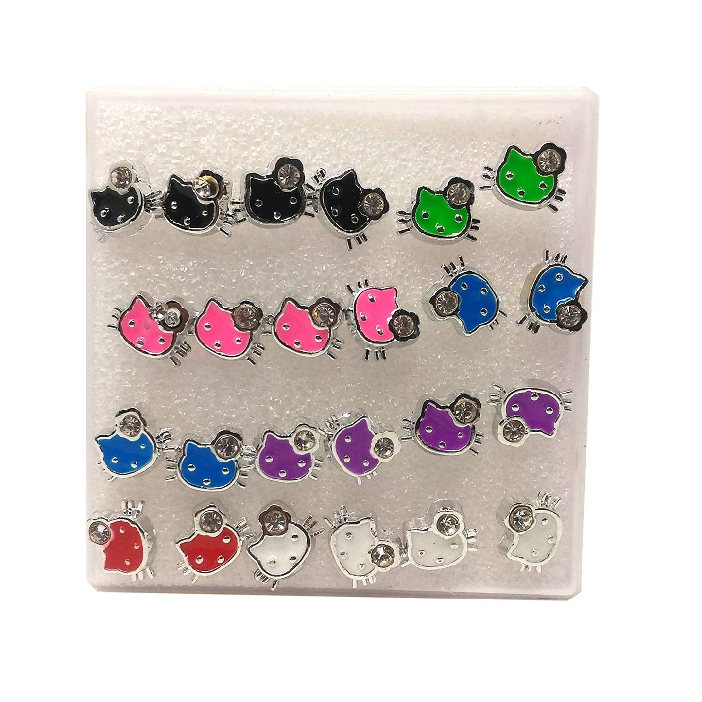 Anokhi ADA Multi-colour Rhinestone Studded Kitty Plastic Stud Earrings for Girls and Women (Pack of 12 Pairs)-(AR-13)