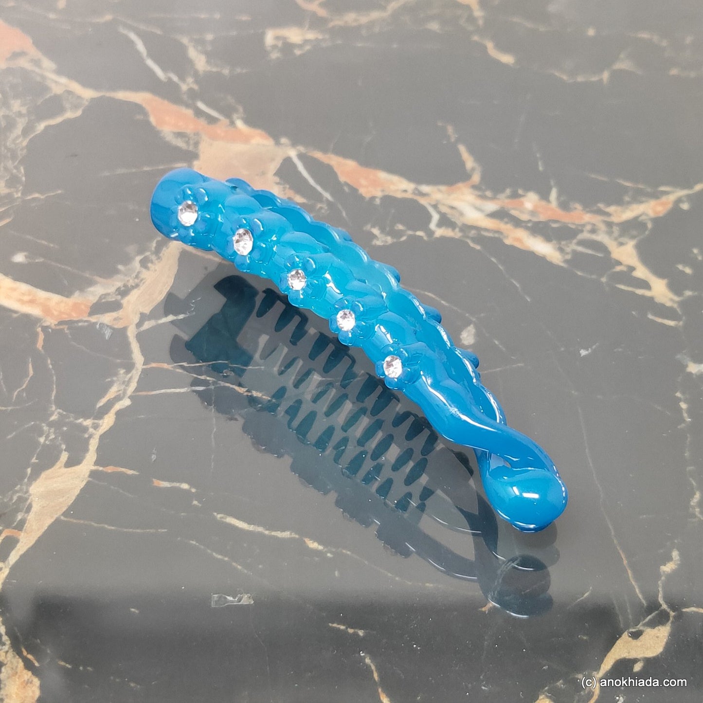 Anokhi Ada Blue Rhinestone Studded Floral Banana Hair Clips (BC-001c)