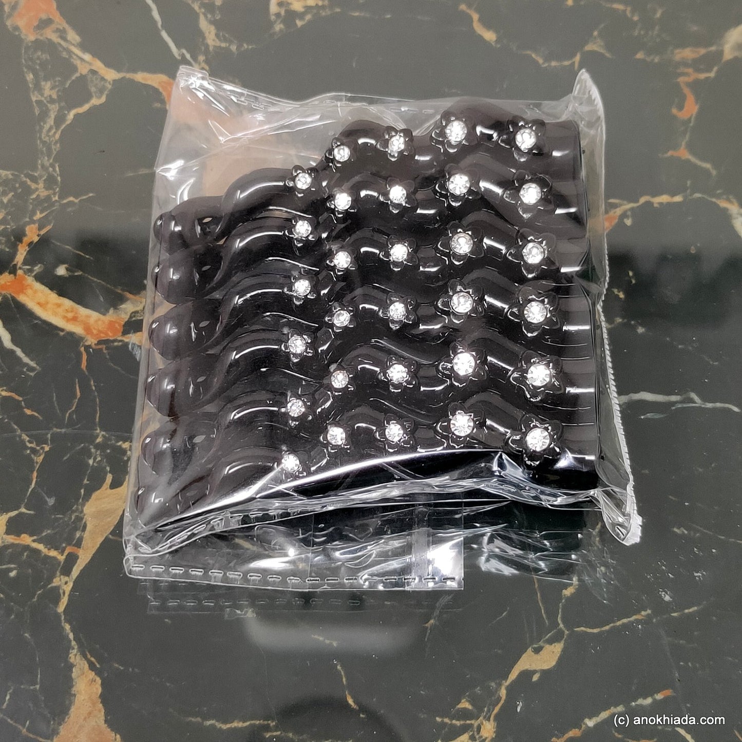 Anokhi Ada Black Rhinestone Studded Floral Banana Hair Clips (Set of 6, BC-002)