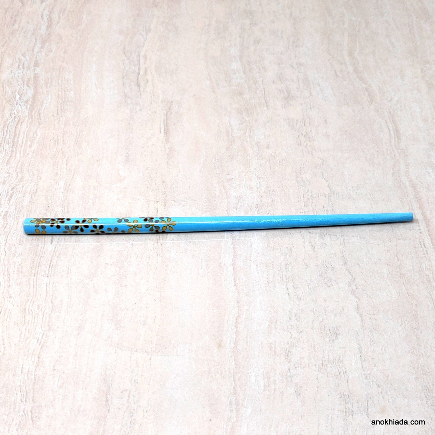 Floral Print Sky Blue Wooden Juda Stick/Bun Stick - 99-01D