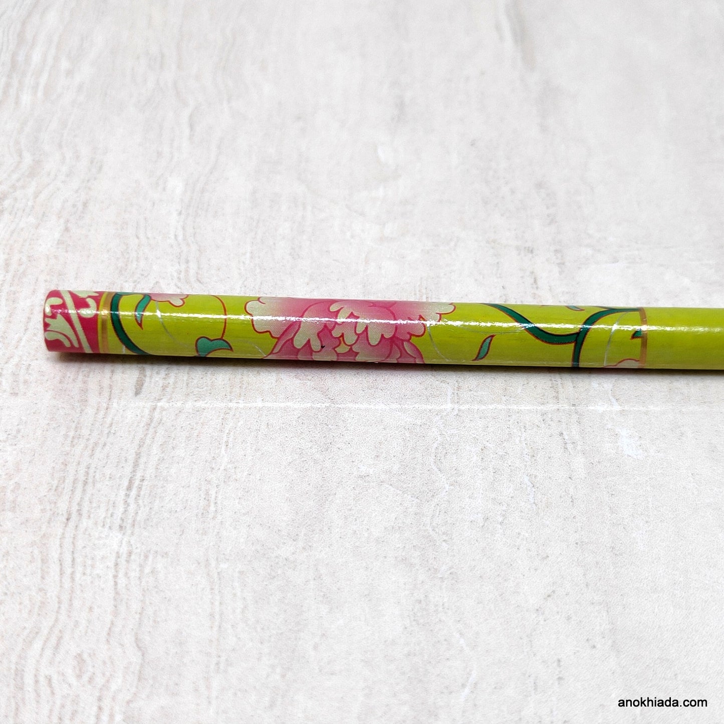 Floral Print Light Green Wooden Juda Stick/Bun Stick - 99-02C