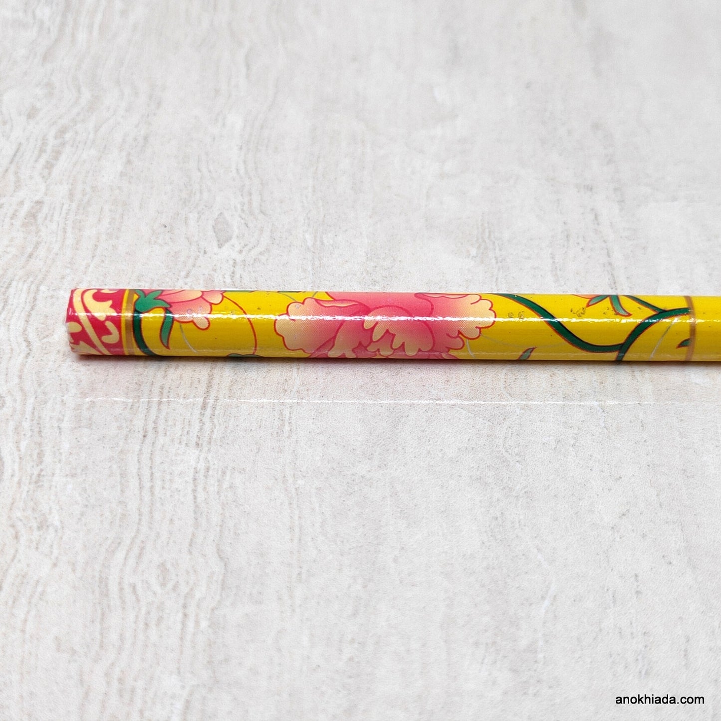 Floral Print Yellow Wooden Juda Stick/Bun Stick - 99-02D