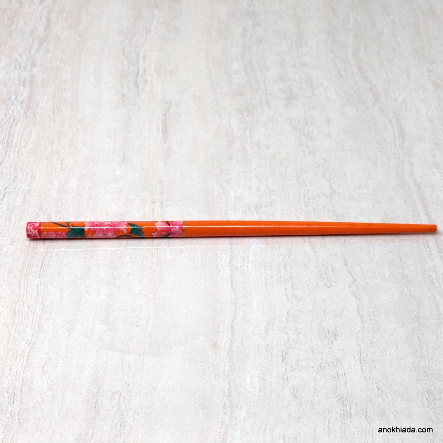 Floral Print Orange Wooden Juda Stick/Bun Stick - 99-02E