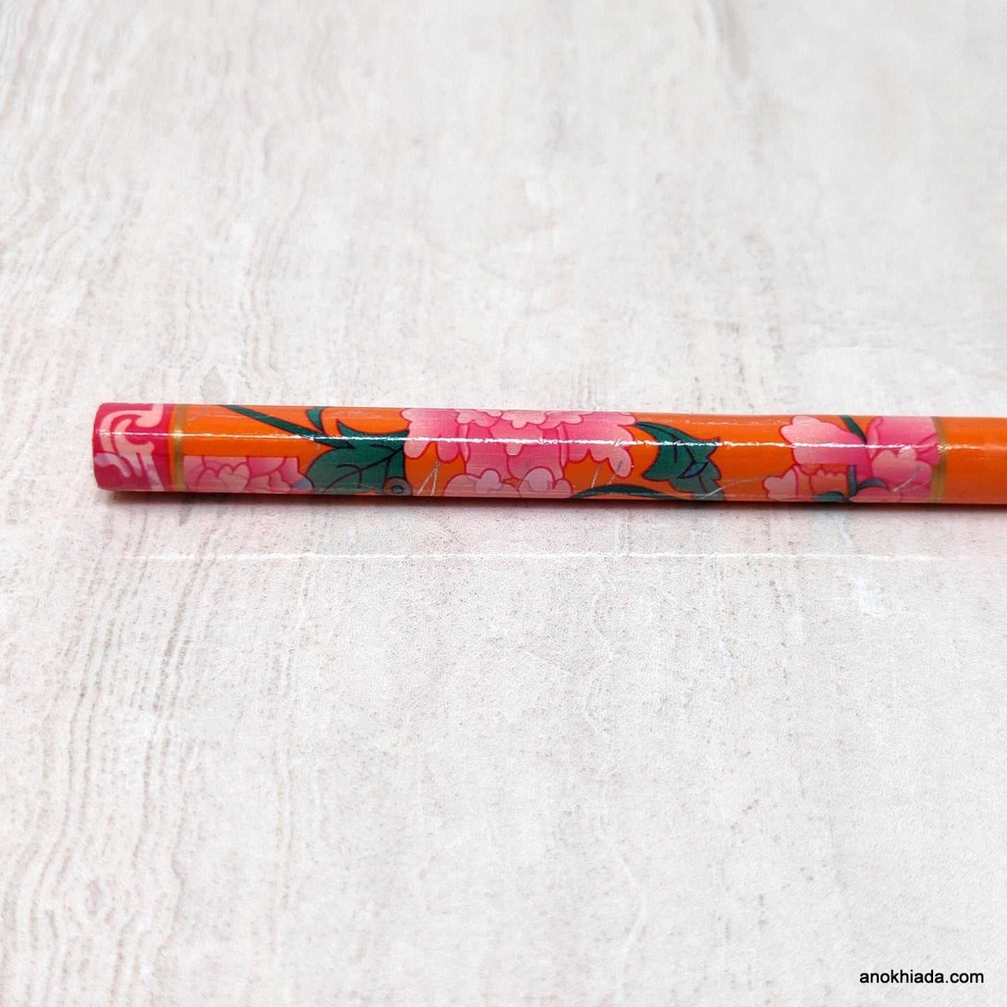 Floral Print Orange Wooden Juda Stick/Bun Stick - 99-02E