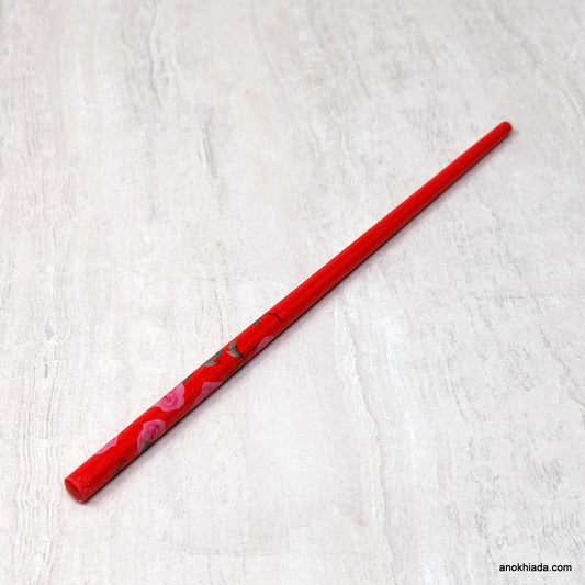 Floral Print Red Wooden Juda Stick/Bun Stick - 99-03A