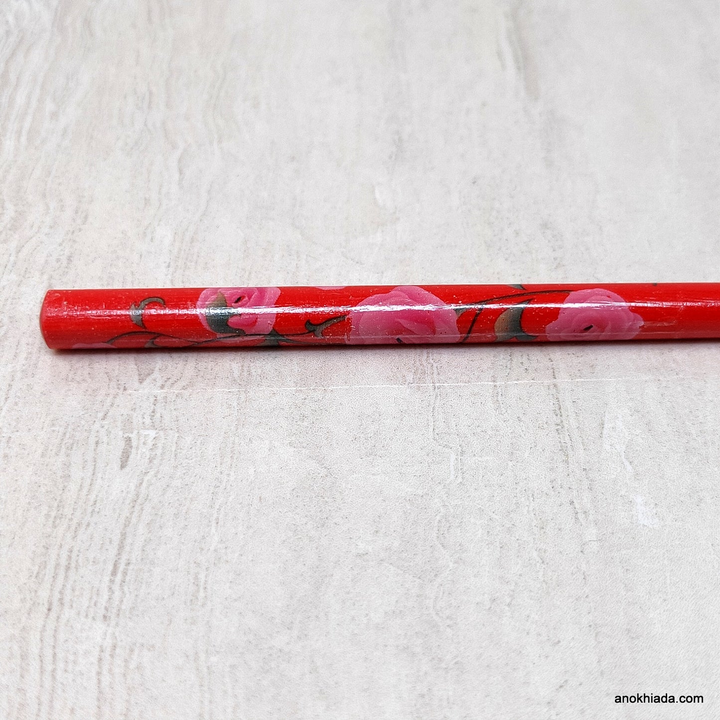 Floral Print Red Wooden Juda Stick/Bun Stick - 99-03A