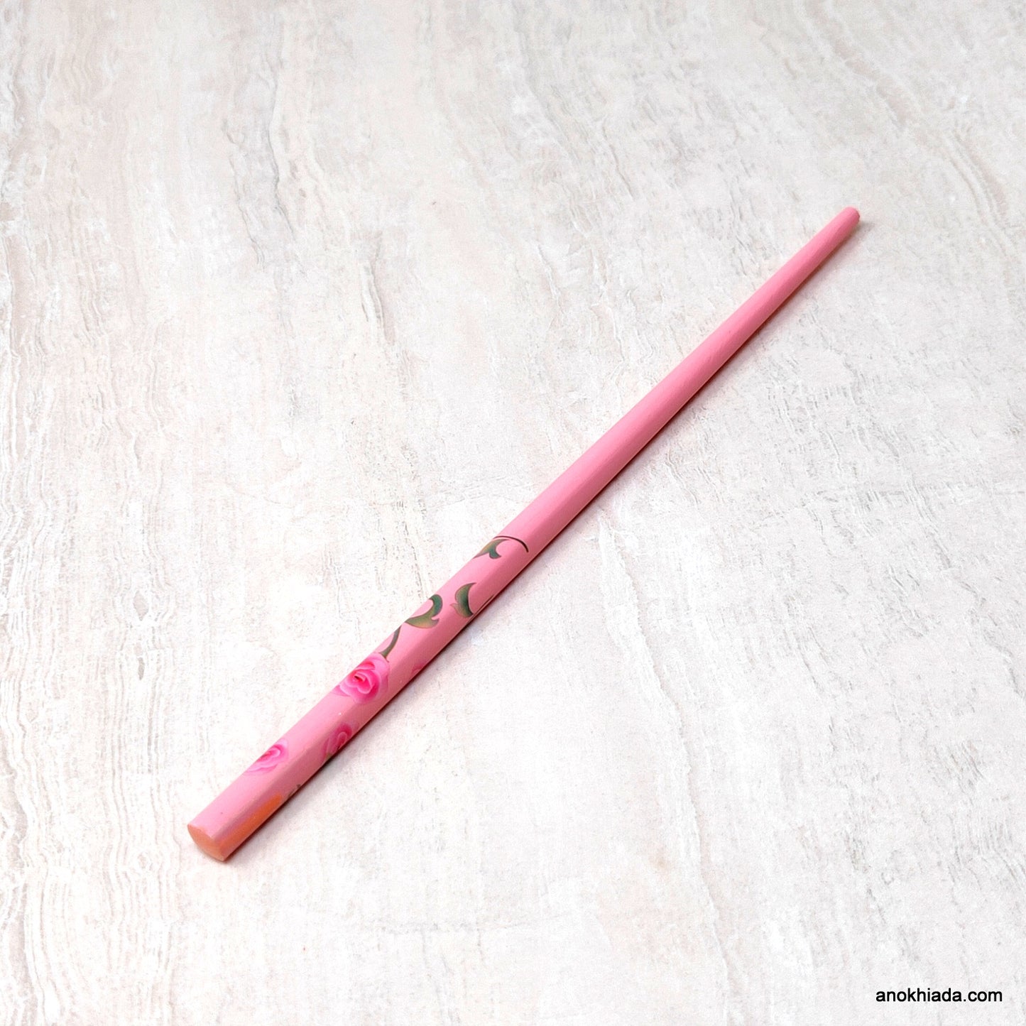 Flower Print Pink Wooden Juda Stick/Bun Stick - 99-03D