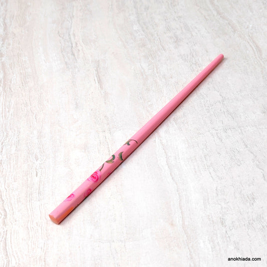 Flower Print Pink Wooden Juda Stick/Bun Stick - 99-03D