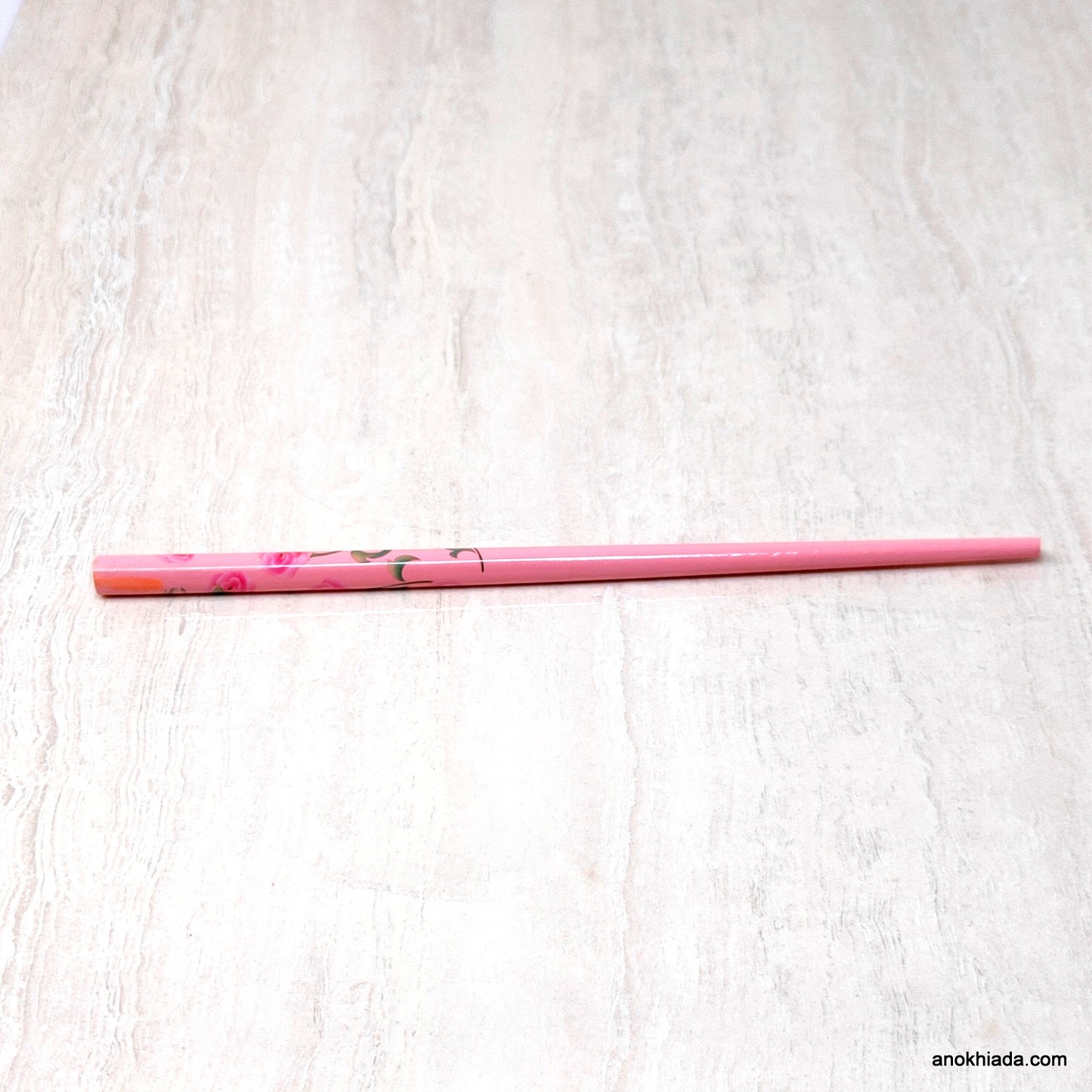 Flower Print Pink Wooden Juda Stick/Bun Stick - 99-03D