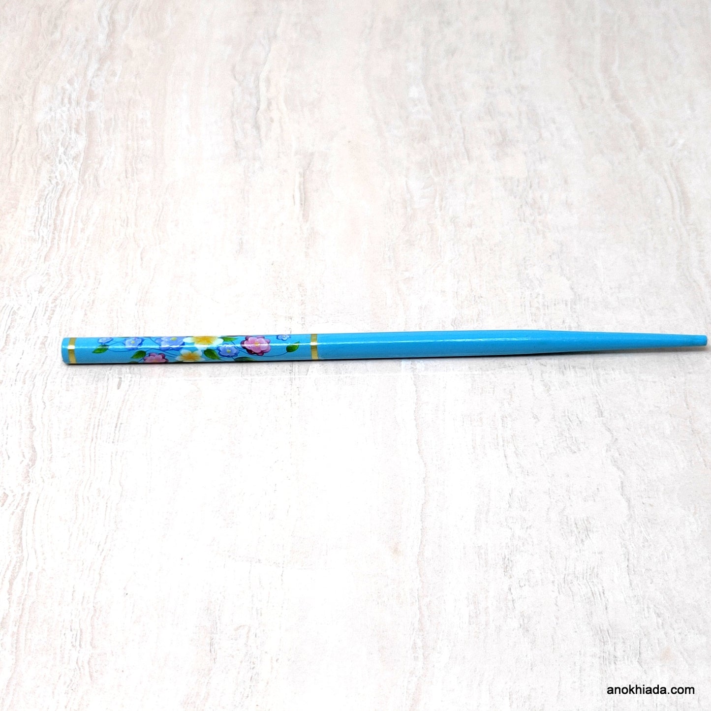 Flower Print Light Blue Wooden Juda Stick/Bun Stick - 99-04B