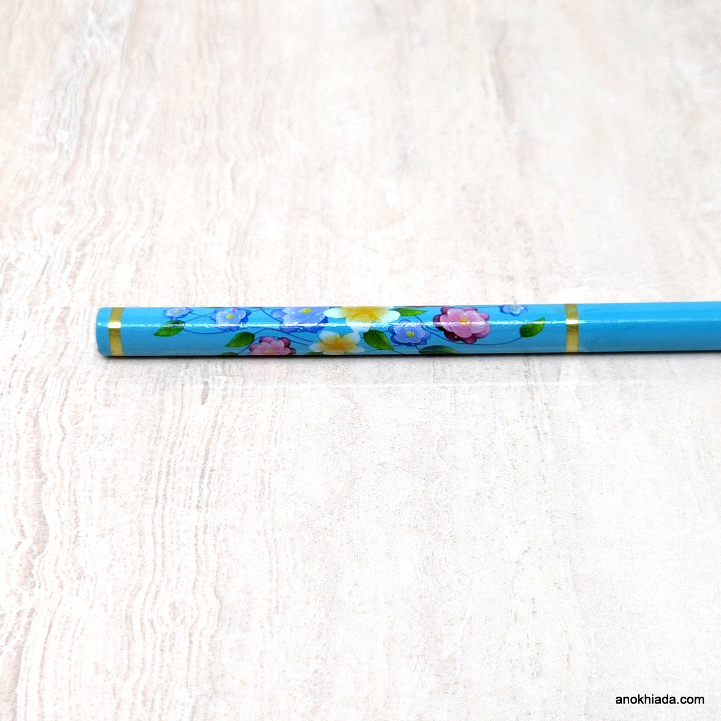 Flower Print Light Blue Wooden Juda Stick/Bun Stick - 99-04B