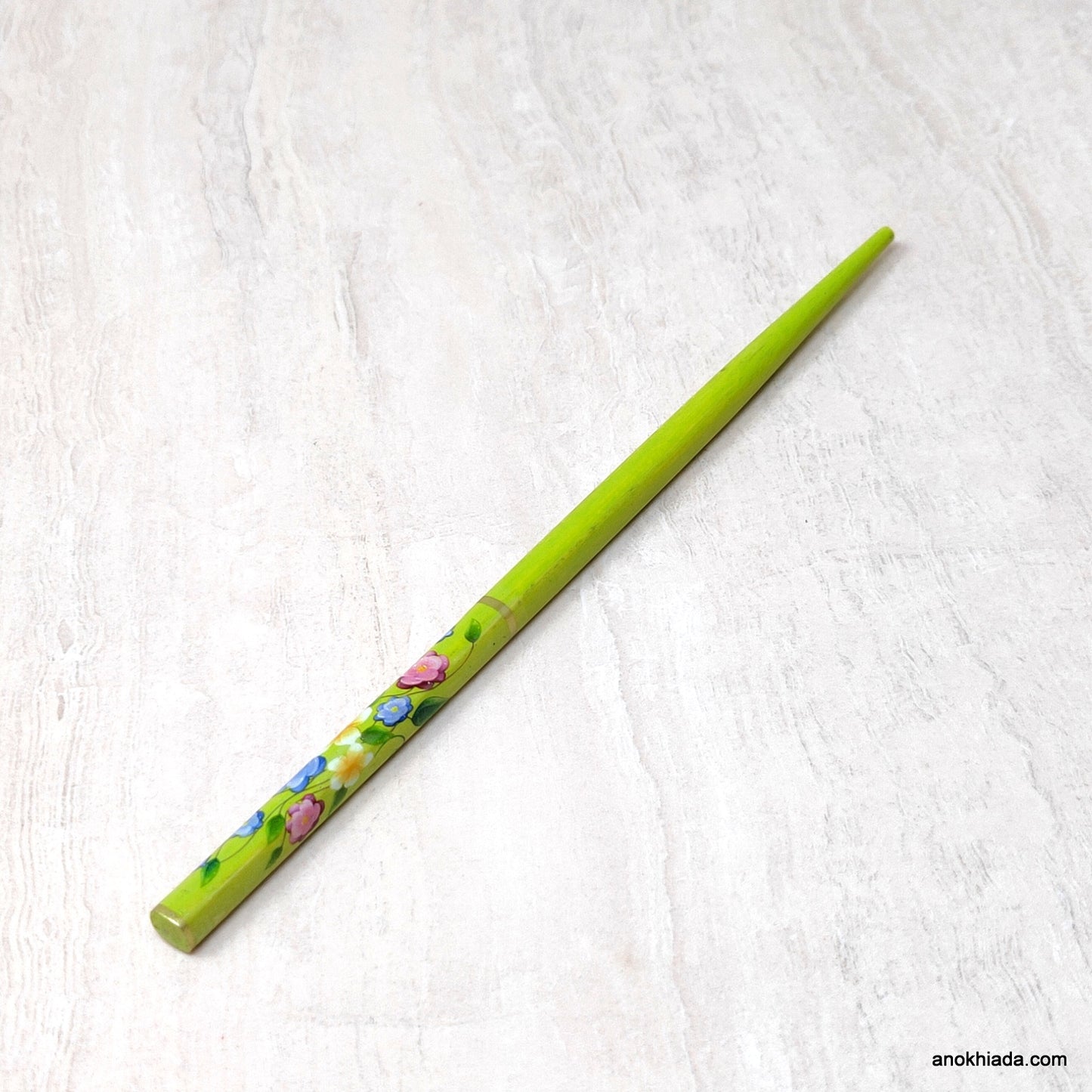 Flower Print Light Green Wooden Juda Stick/Bun Stick - 99-04C