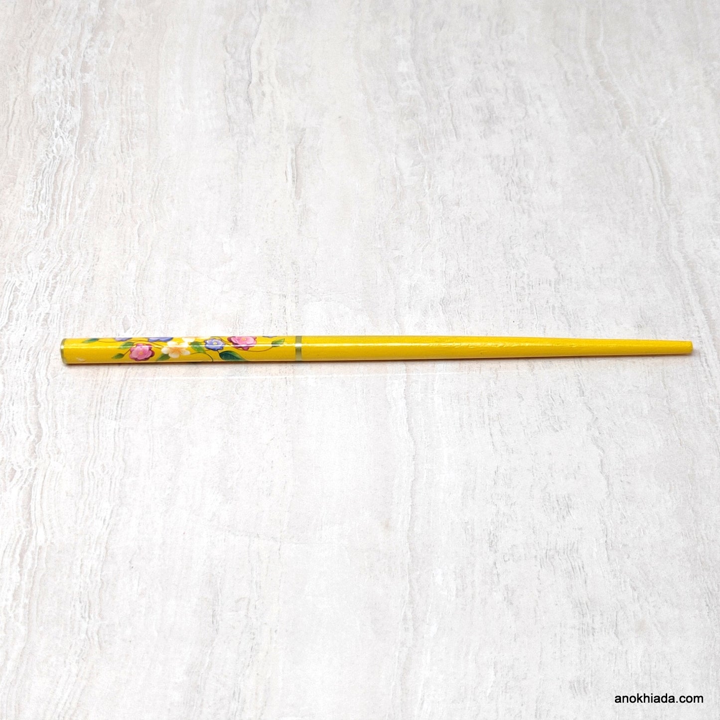 Flower Print Yellow Wooden Juda Stick/Bun Stick - 99-04D