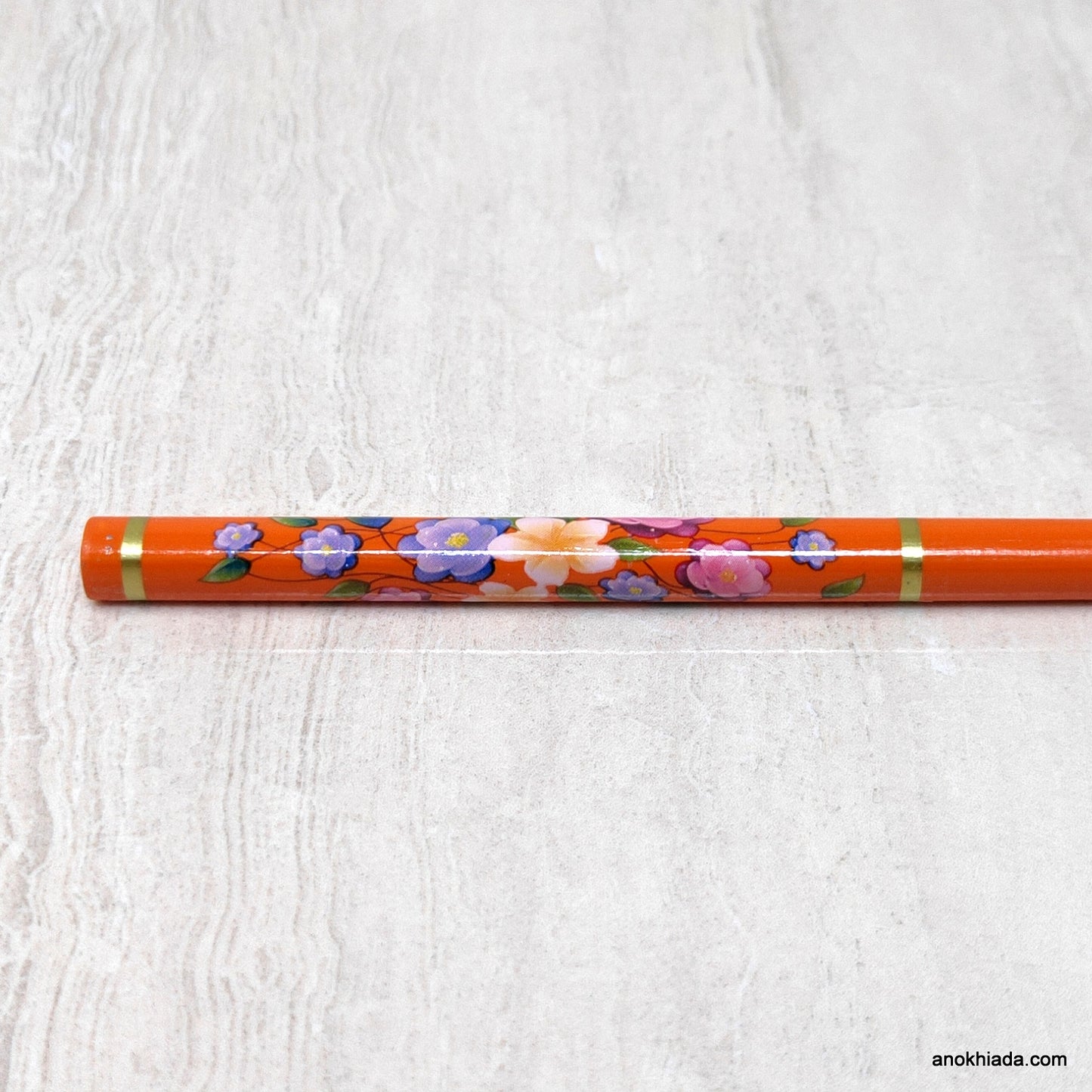 Flower Print Orange Wooden Juda Stick/Bun Stick - 99-04E