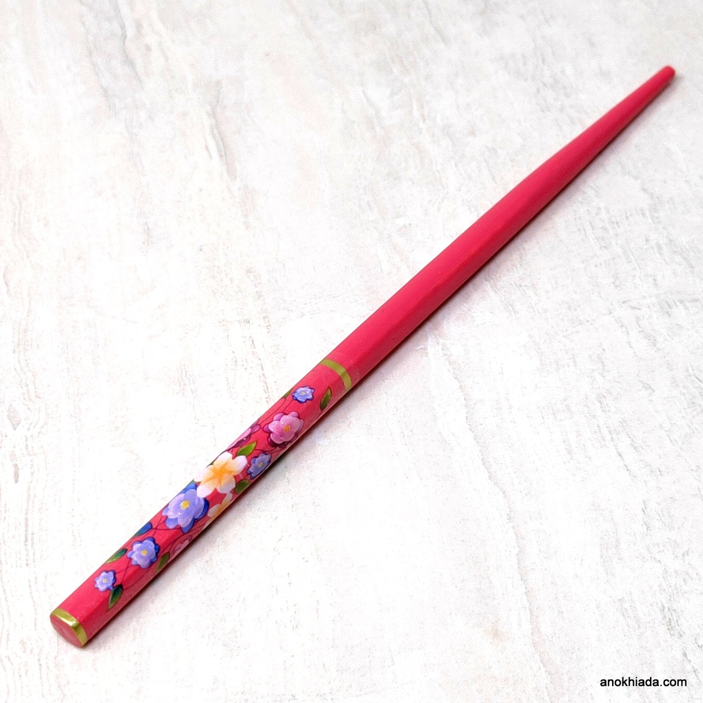 Flower Print Maroon Wooden Juda Stick/Bun Stick - 99-04F