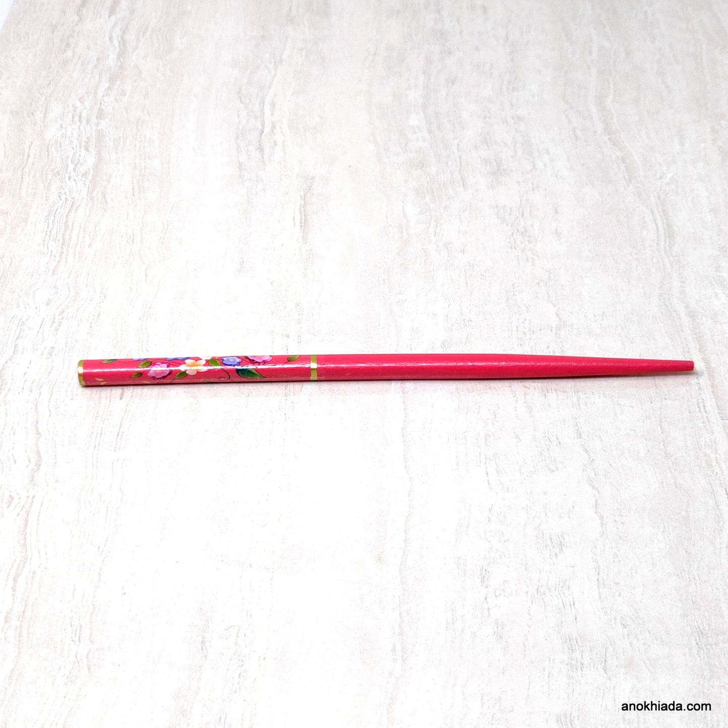 Flower Print Maroon Wooden Juda Stick/Bun Stick - 99-04F