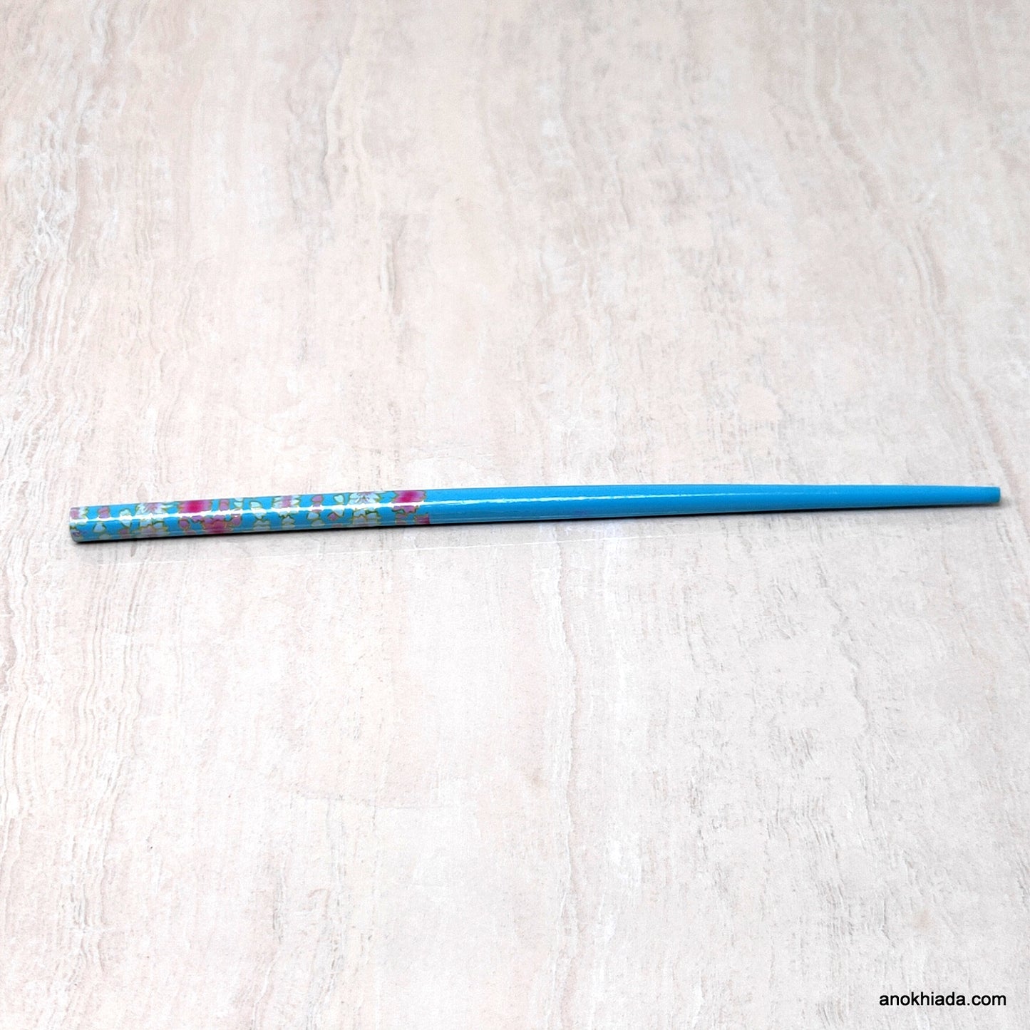Flower Print Blue Wooden Juda Stick/Bun Stick - (99-05B Juda Stick)