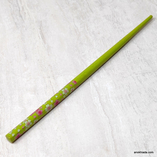 Flower Print Green Wooden Juda Stick/Bun Stick - (99-05C Juda Stick)