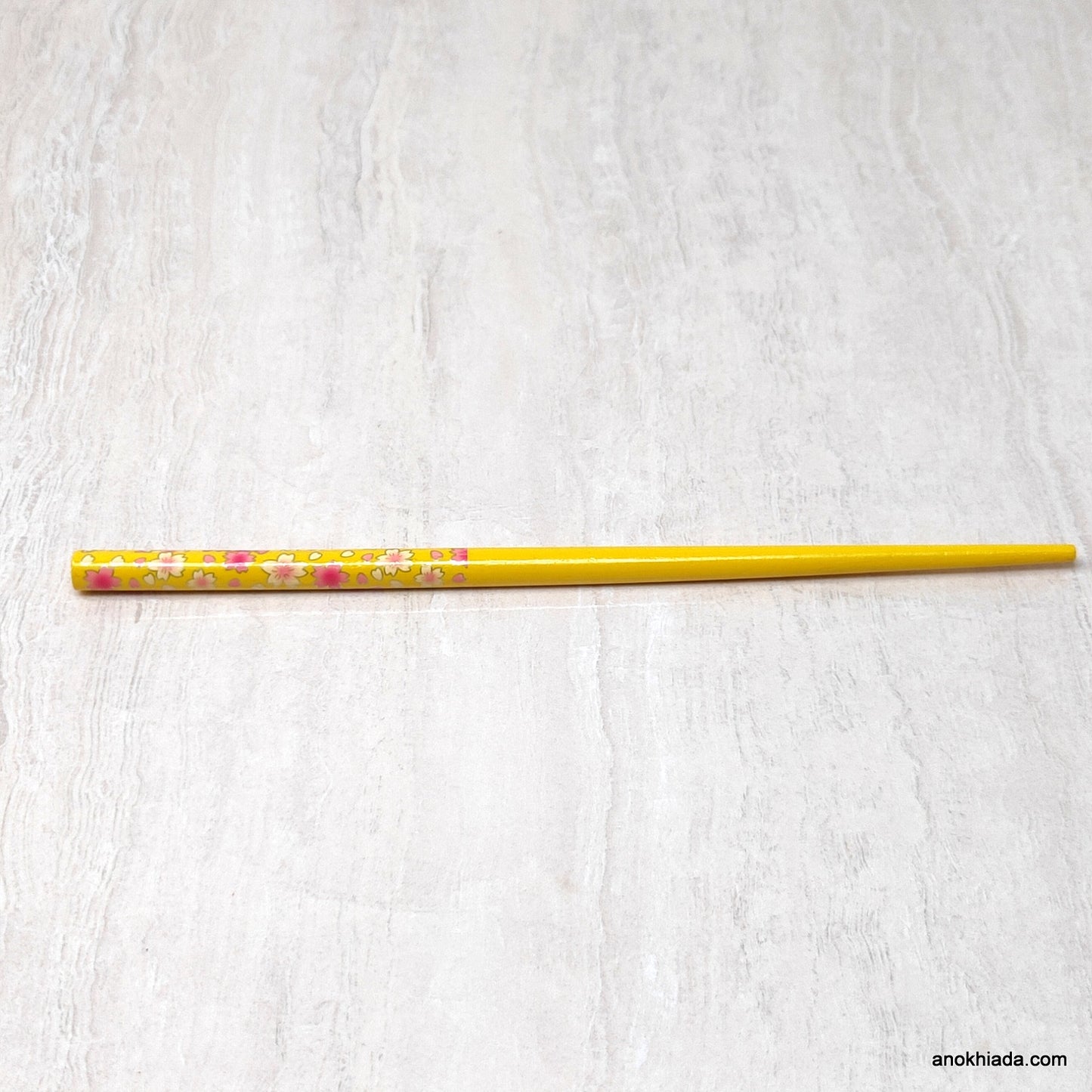 Flower Print Yellow Wooden Juda Stick/Bun Stick - (99-05D Juda Stick)