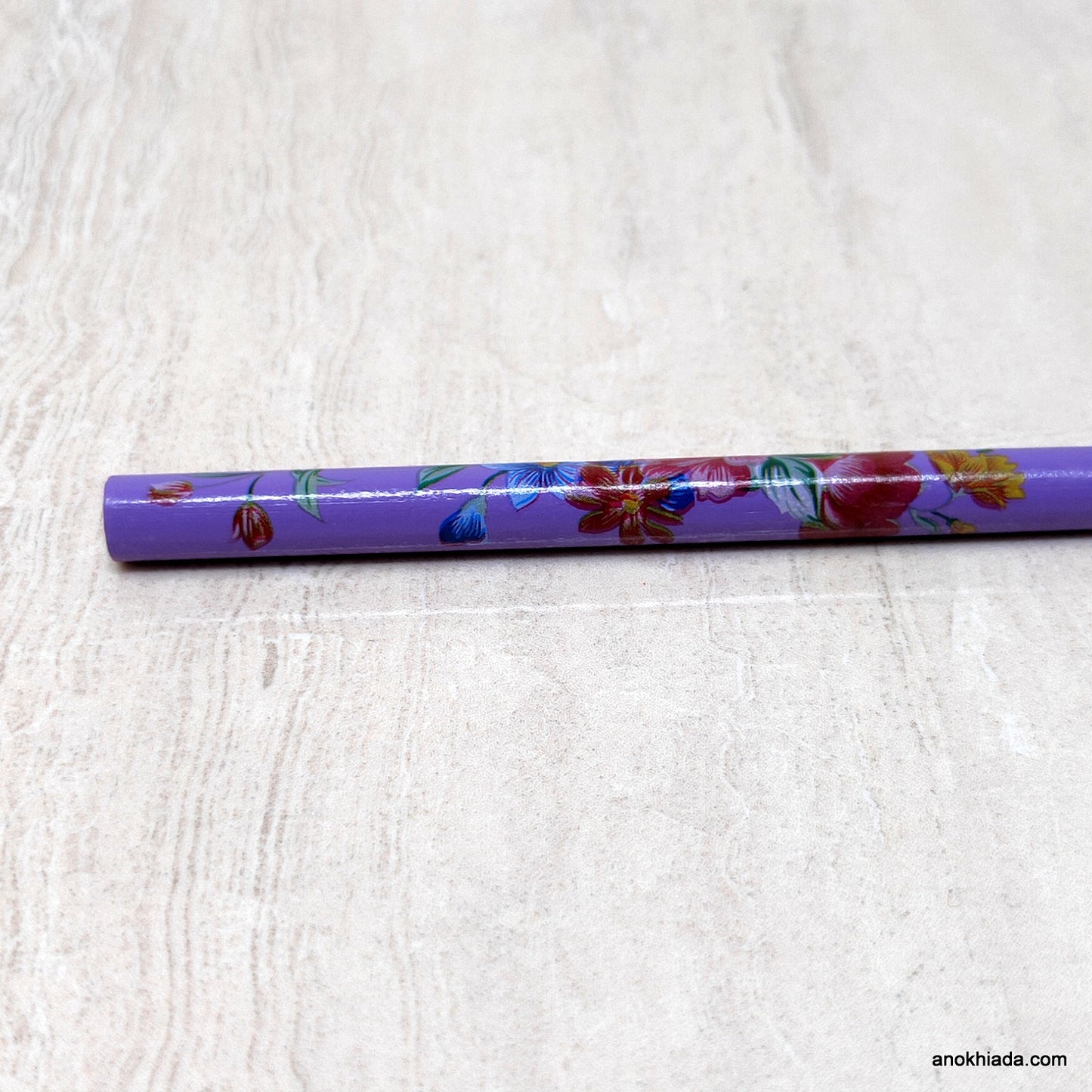 Flower Print Purple Wooden Juda Stick/Bun Stick - (99-06A Juda Stick)