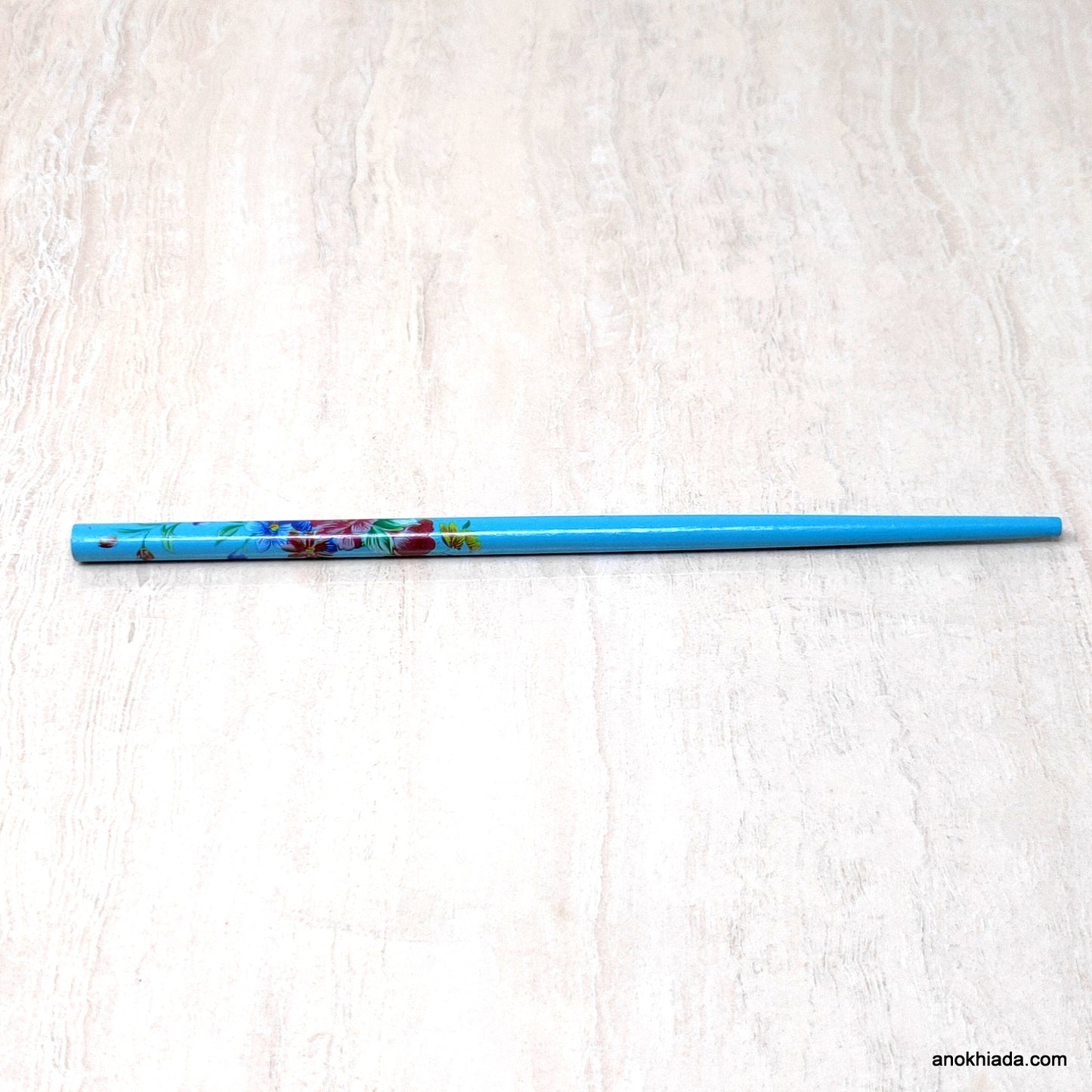 Flower Print Blue Wooden Juda Stick/Bun Stick - (99-06B Juda Stick)