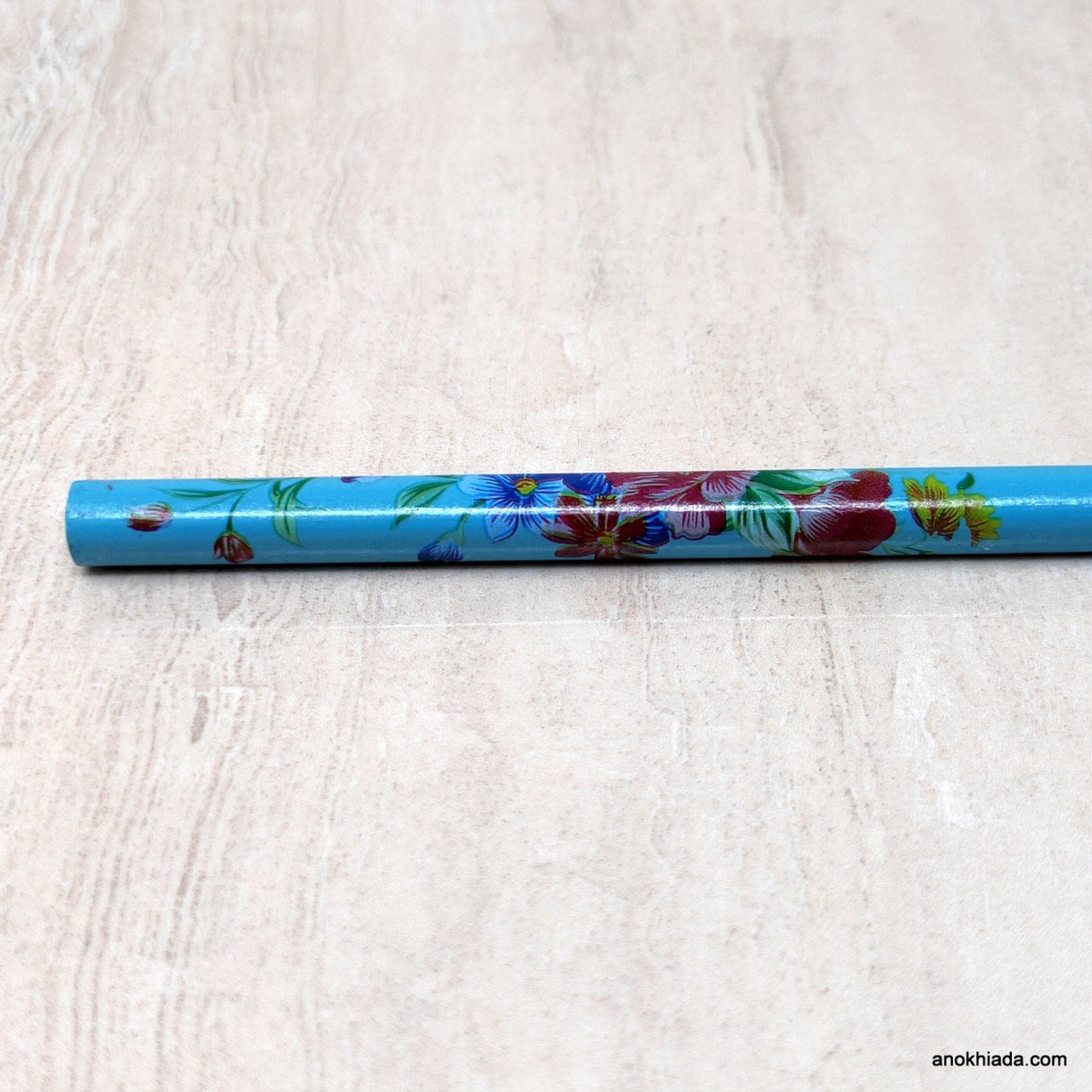 Flower Print Blue Wooden Juda Stick/Bun Stick - (99-06B Juda Stick)
