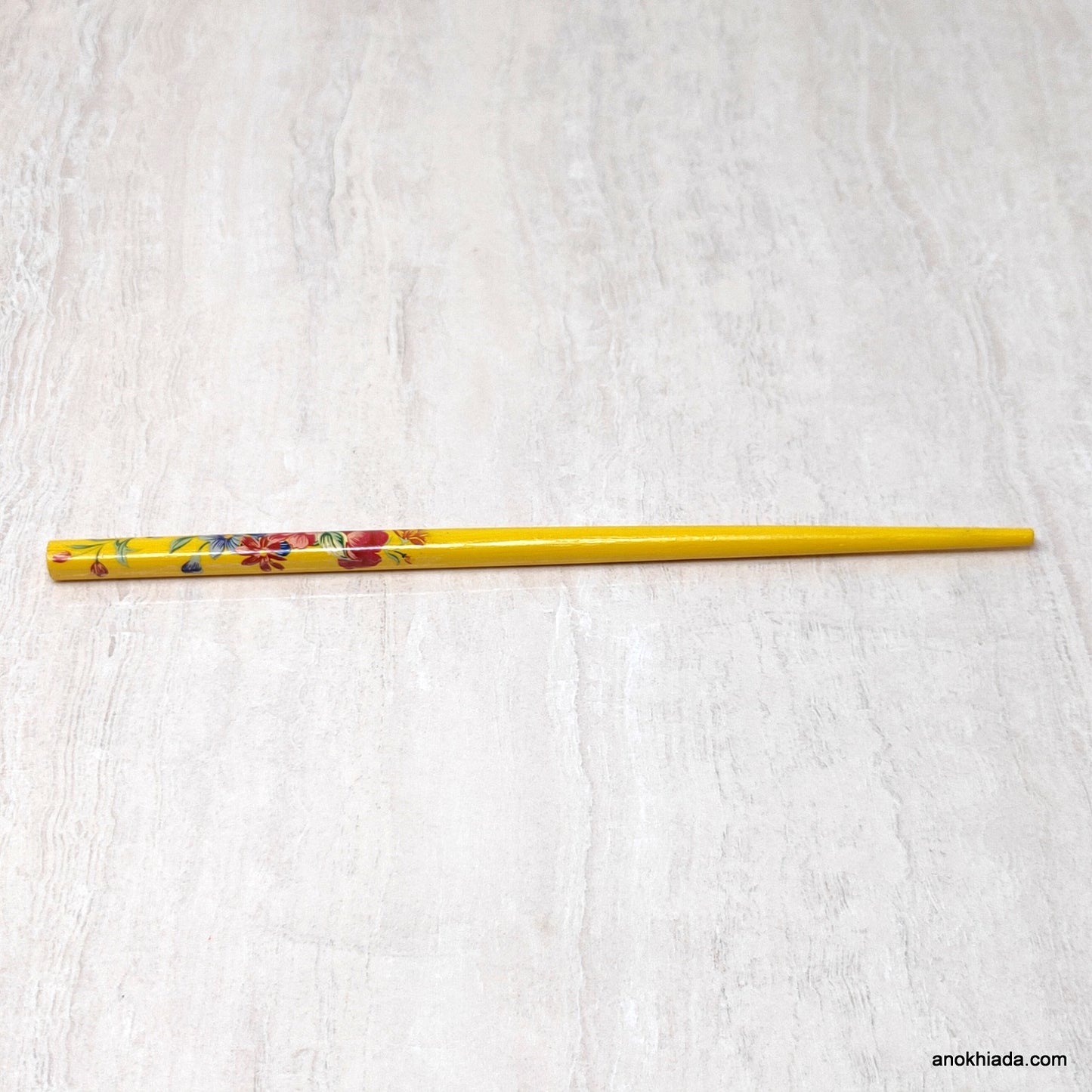 Flower Print Yellow Wooden Juda Stick/Bun Stick - (99-06D Juda Stick)