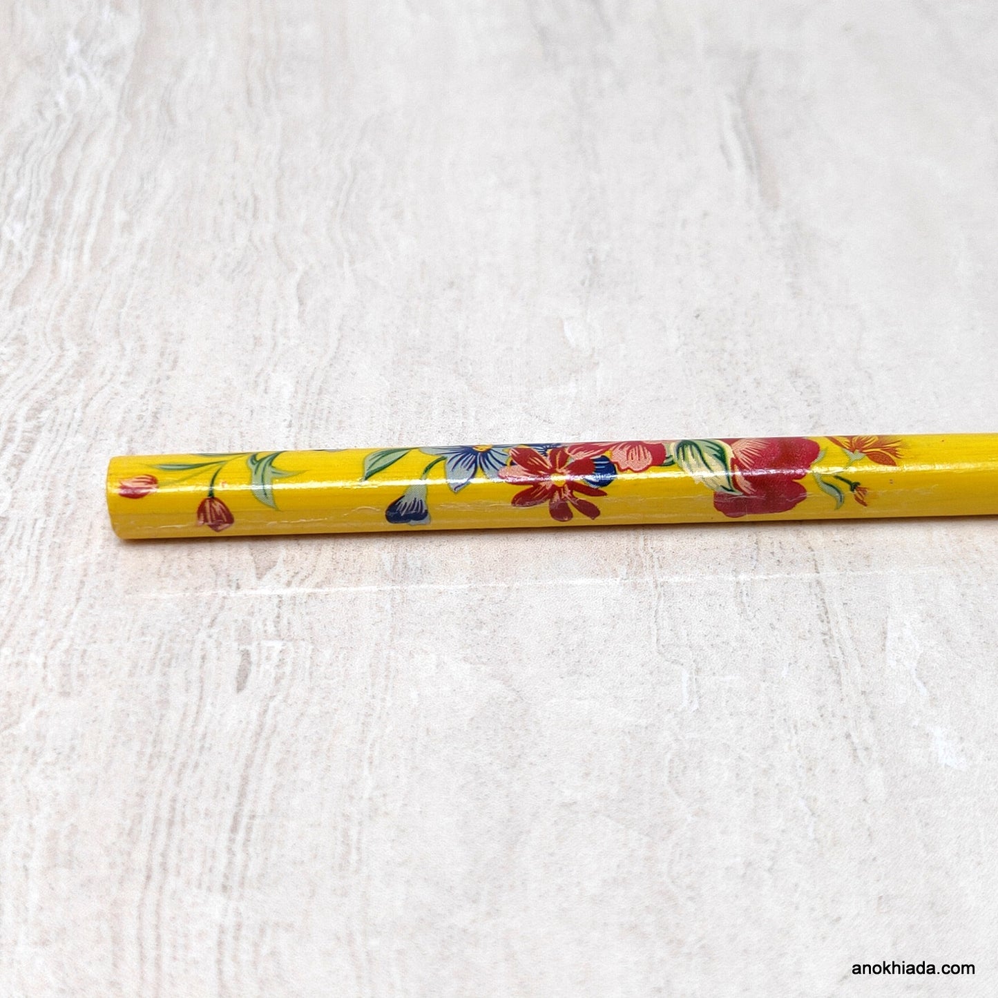 Flower Print Yellow Wooden Juda Stick/Bun Stick - (99-06D Juda Stick)